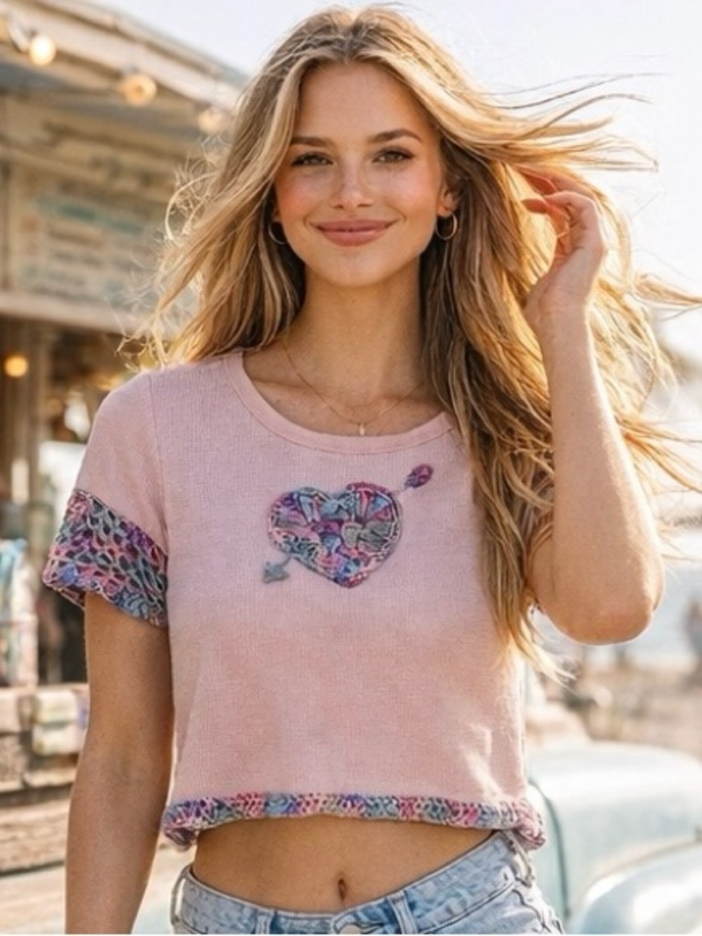 Up-Cycled Old Navy Pink Ribbed Tee | “Luna Papillon Handmade” Heart Crochet Tee - Picture 4 of 9